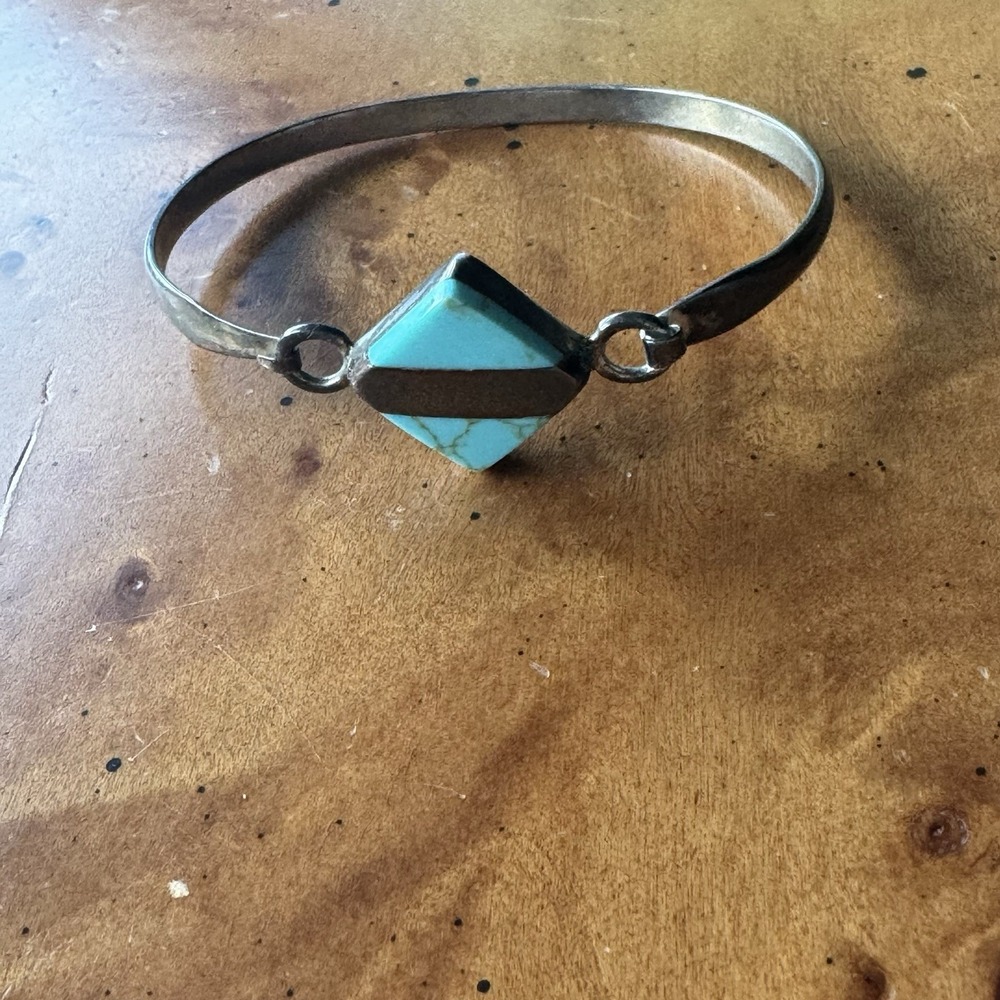 Vintage Mexican Sterling Silver & Turquoise Inlay Bangle‎ Bracelet TP-68 .925